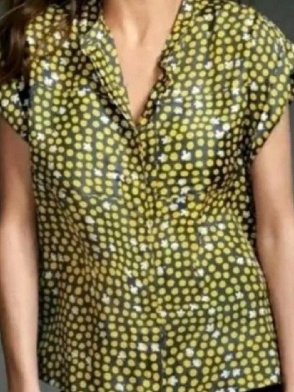 CAbi Black Shirt with Yellow Polka Dot Print 100%Silk.